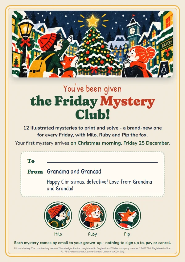 The printable gift card: You've been given the Friday Mystery Club!