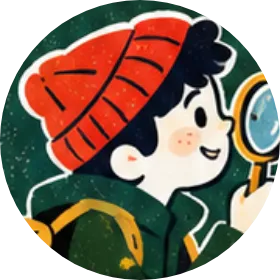 Milo in his red bobble hat, peering through a magnifying glass.
