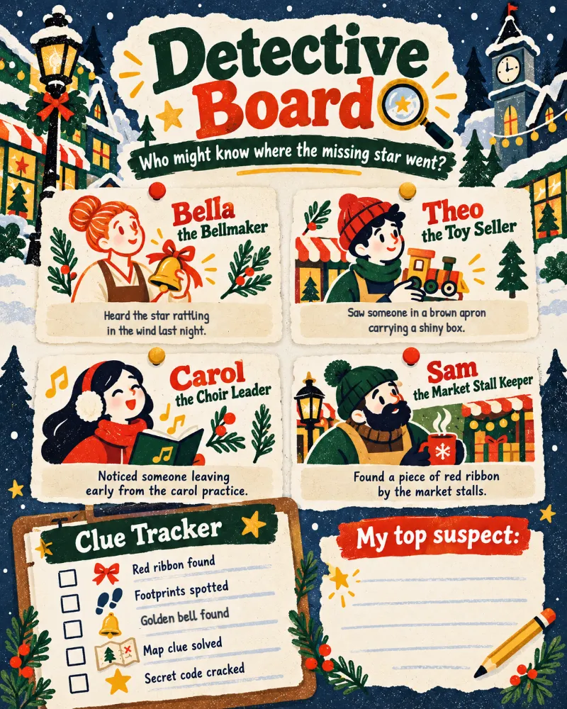 The Detective Board: four townspeople and what each of them saw, a clue tracker and a space for your top suspect.