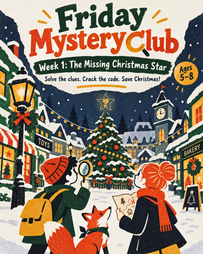 The cover of Week 1, The Missing Christmas Star: Milo, Ruby and Pip the fox in a snowy town square at night, looking up at the Christmas tree.